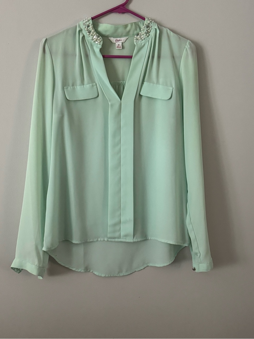 CeCe Mint Chiffon Jewel-Collar Blouse